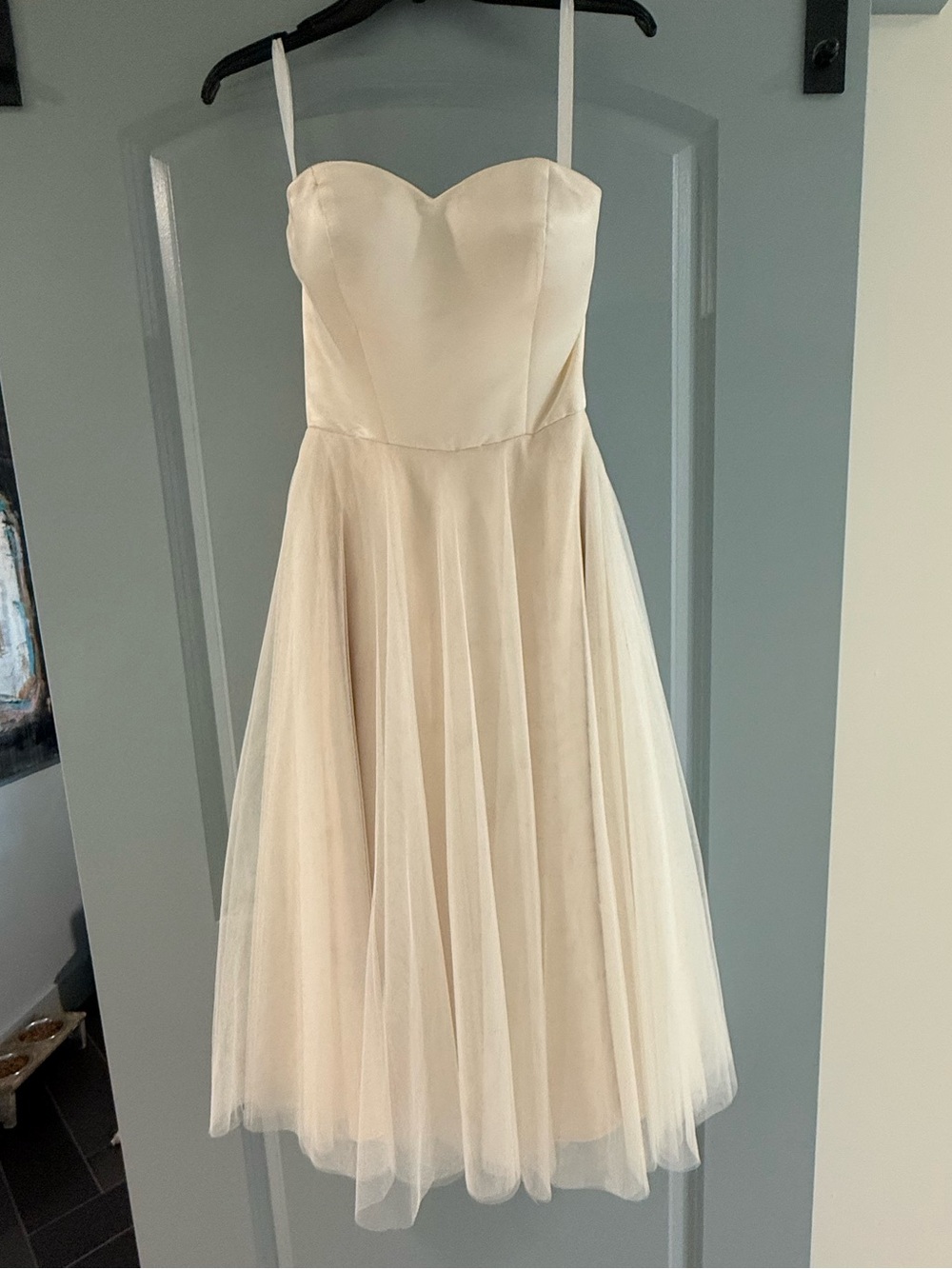 Strapless Cream Tulle Wedding or Prom Dress Midi Dress with Sweetheart Bodice
